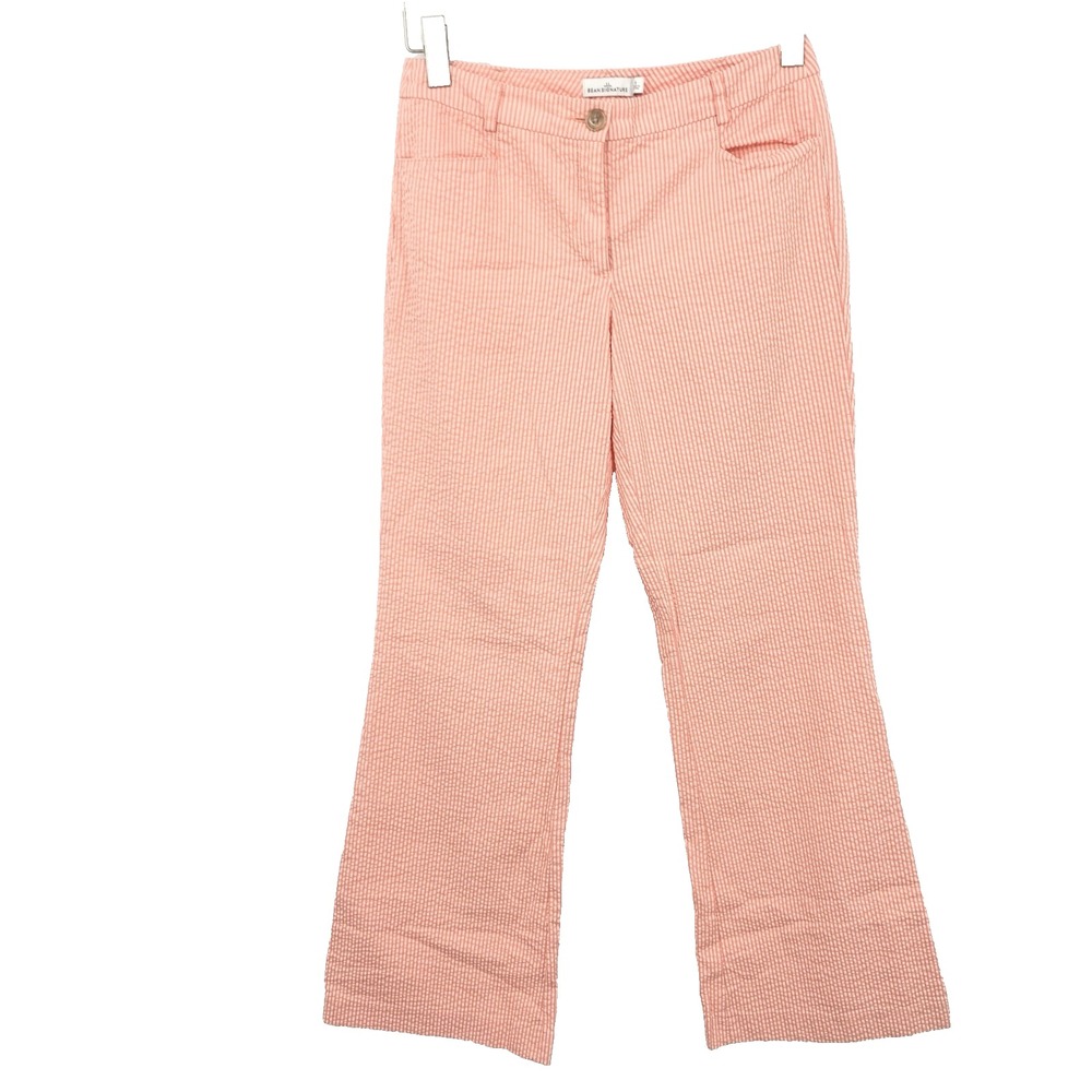 LL Bean Signature Women Size 6 Pants Flare Peach Pink Trousers Seersucker Stripe